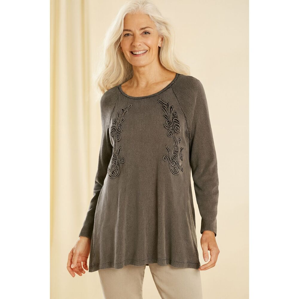 Soft Surroundings Gray Thermal Embroidered Long Sleeve Top   Women's Size Large